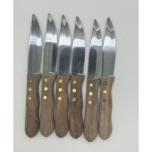 Oneida PIONEER Wood Handle Serrated Steak Knives Stainless Steel Blade Set Of 6 - Picture 3 of 5